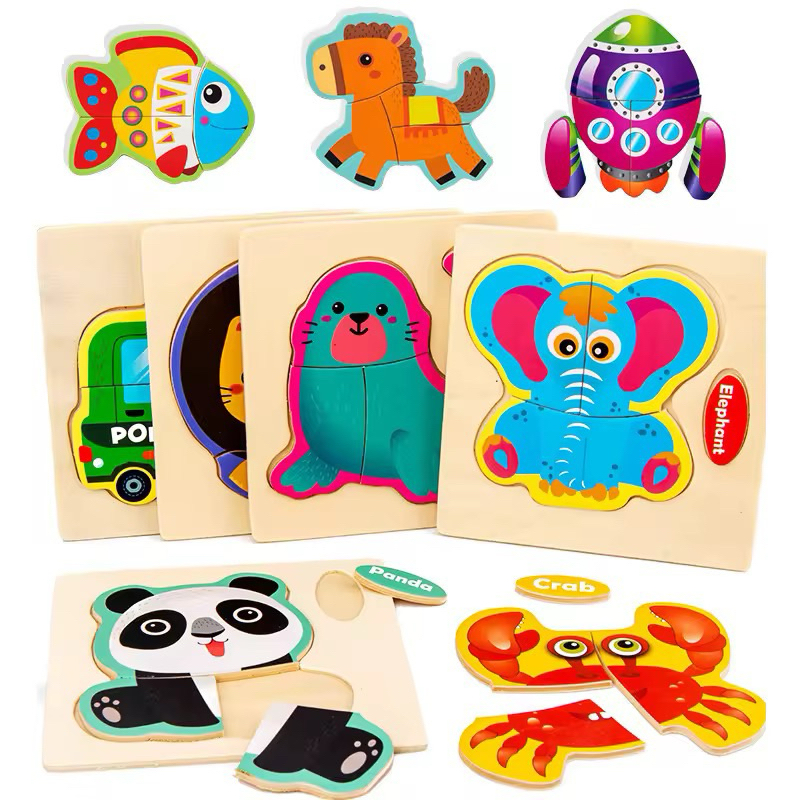Wooden 3D Puzzle Cartoon Animals Intelligence Kids Educational Brain ...