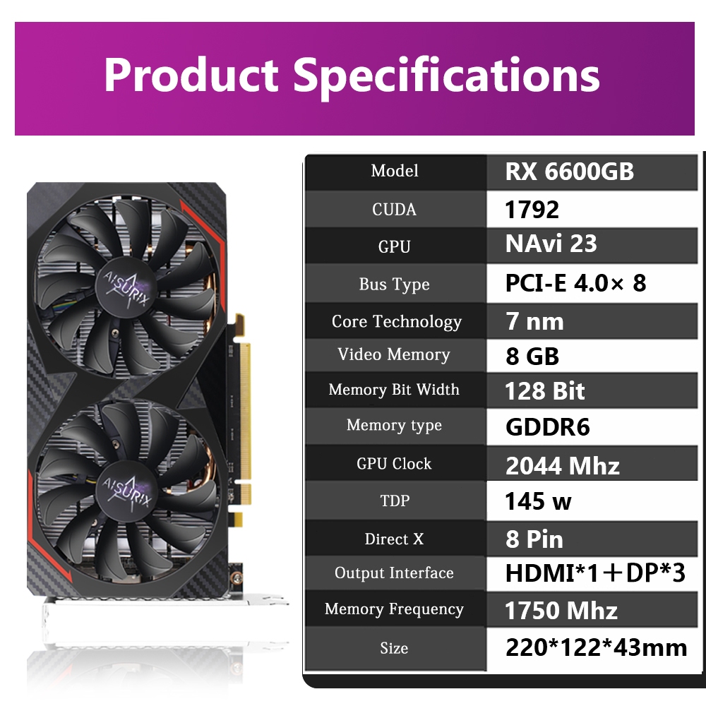 AISURIX Graphics Card AMD RX 6600 8GB GDDR6 128Bit Video card Computer ...