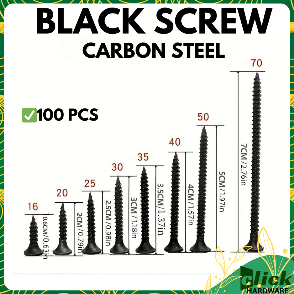 BLACK SCREW for wood and metal 1 inch to 3 inches Flat Self tapping ...