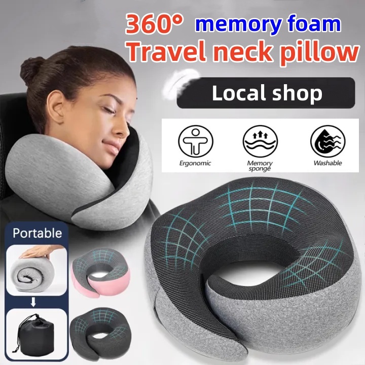 Travel Neck Pillow Velcro U-Shaped Memory Foam Portable Foldable Soft ...