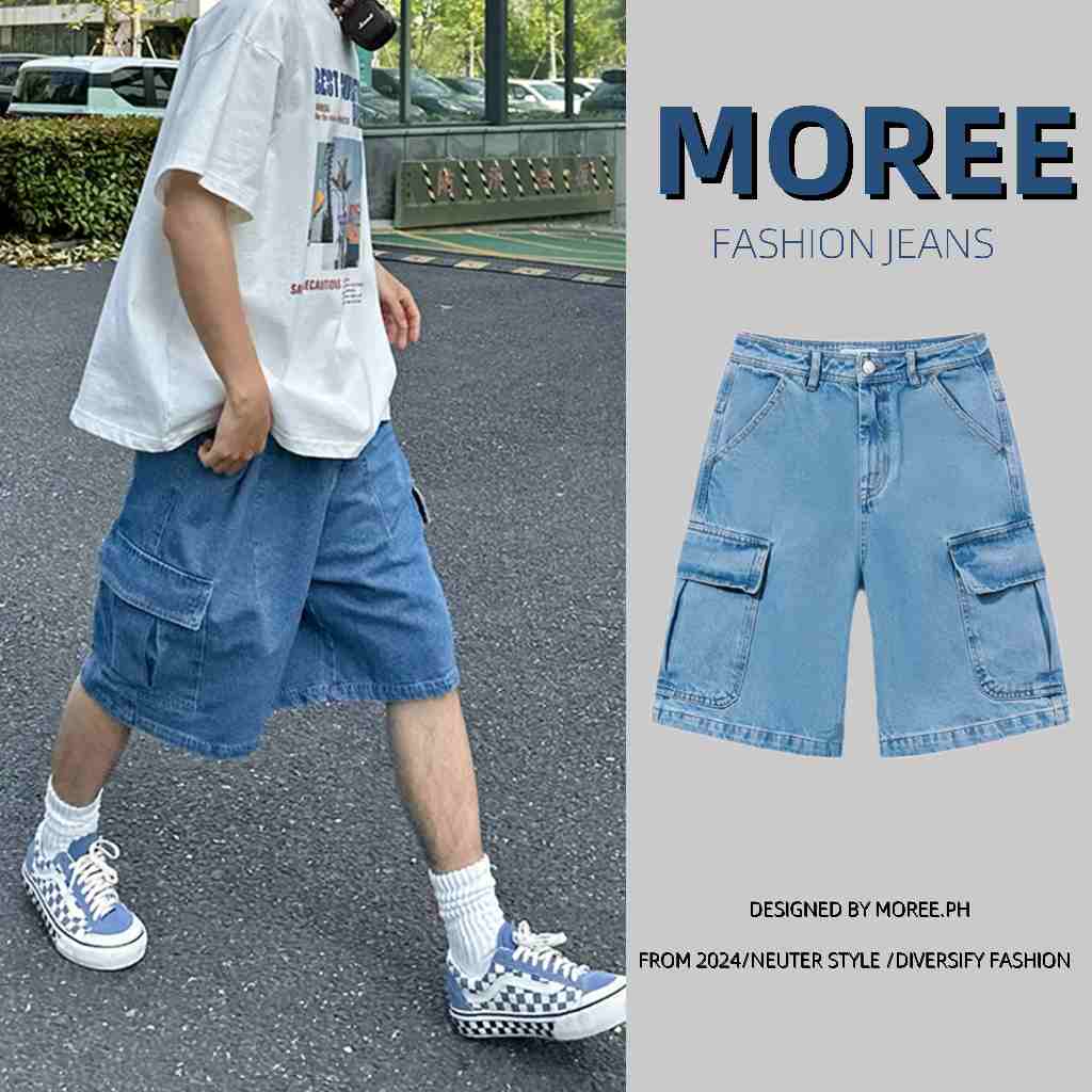 Moree American retro cargo denim shorts men's 6 pocket loose washed ...