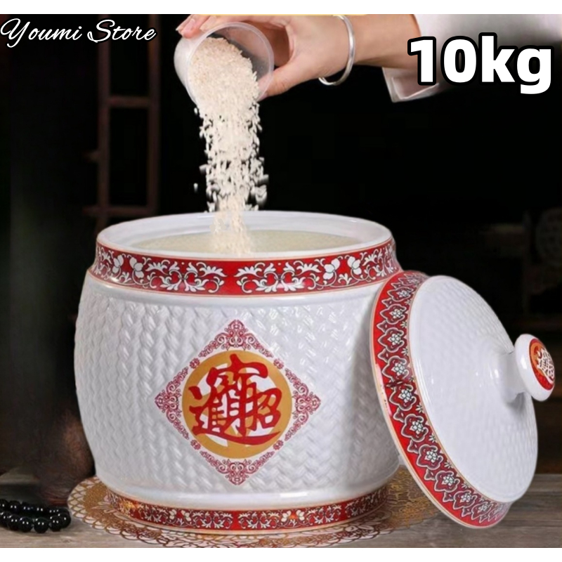 Big ceramic rice dispenser 5kg/ 10kg clay jar with cover porcelain rice ...
