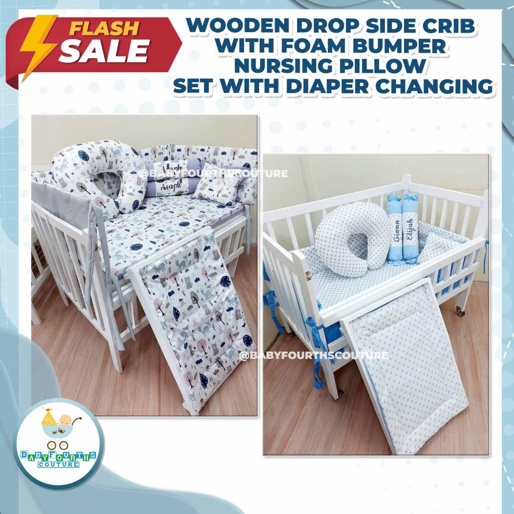 BFCM WOODEN DROP SIDE CRIB WITH FOAM BUMPER NURSING PILLOW SET WITH ...