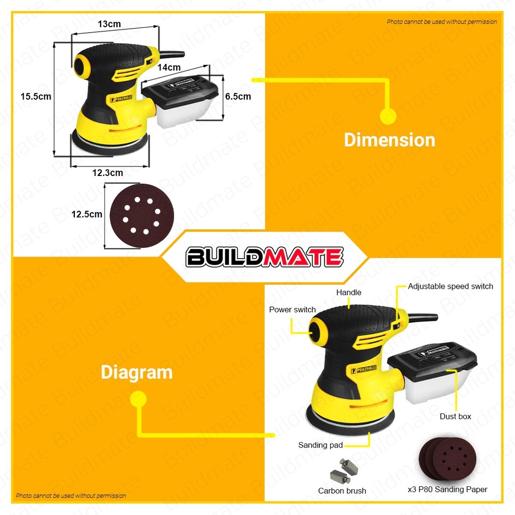 Buildmate x POWERHOUSE Random Orbital Sander 350W / 400W Variable Speed ...