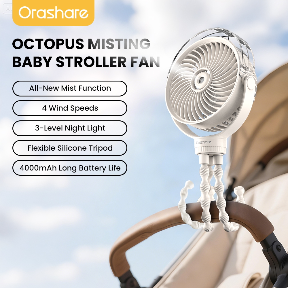Orashare OCF03 Baby Stroller Mist Fan 4 Speed 4000mAh Rechargeable ...