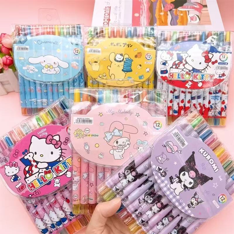 12 Colors Sanrio Rotating Crayon Kuromi Erasable Wax Crayons Washable ...