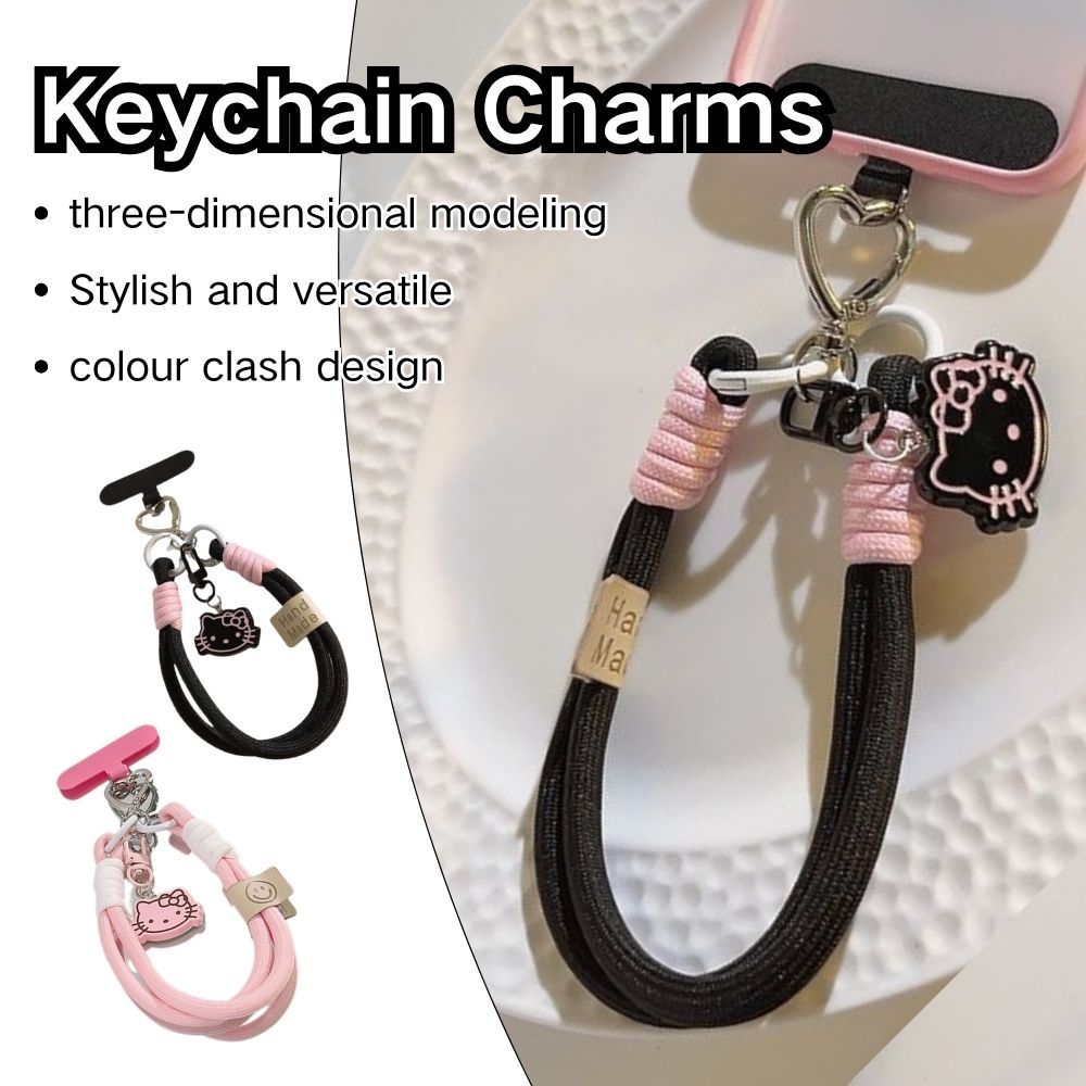 Cute 3D Pink KT Cat Pendant Phone Case Tether Braided Rope Rotating ...