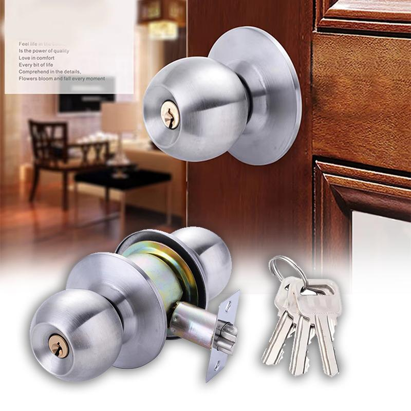 Stainless Steel Round Door Knobs Rotation Lock Knobset Handle Metal Key ...