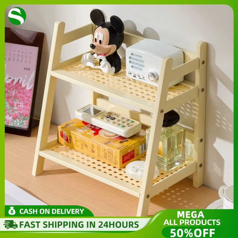 Storage Rack organizer Wooden Double-Layer Table Shelf Rattan Bedroom ...