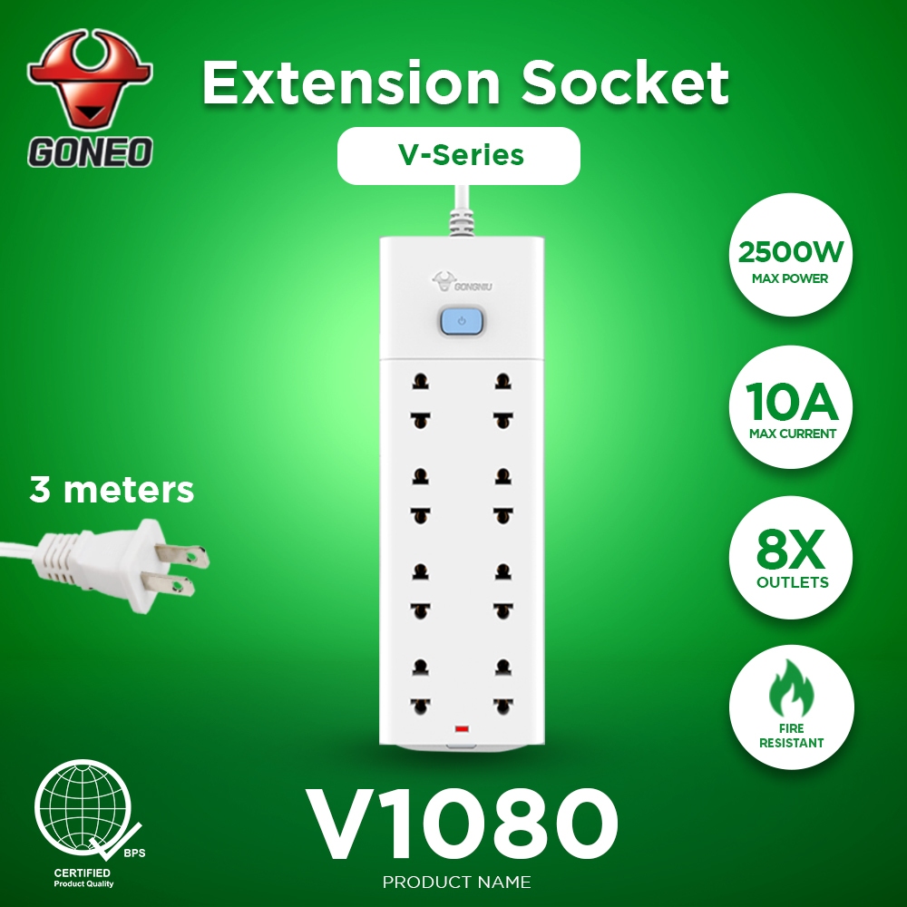 Bull Extension Socket V Series V1080 300cm Cable 8 Outlets 2500w 10A ...