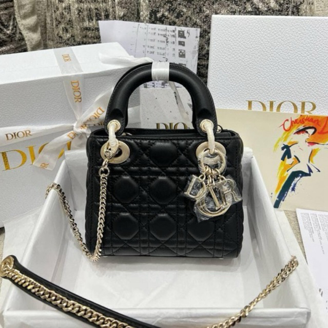 Di 3 Sizes Lady D__or Black Sheepskin Leather Silver Hardware Authentic