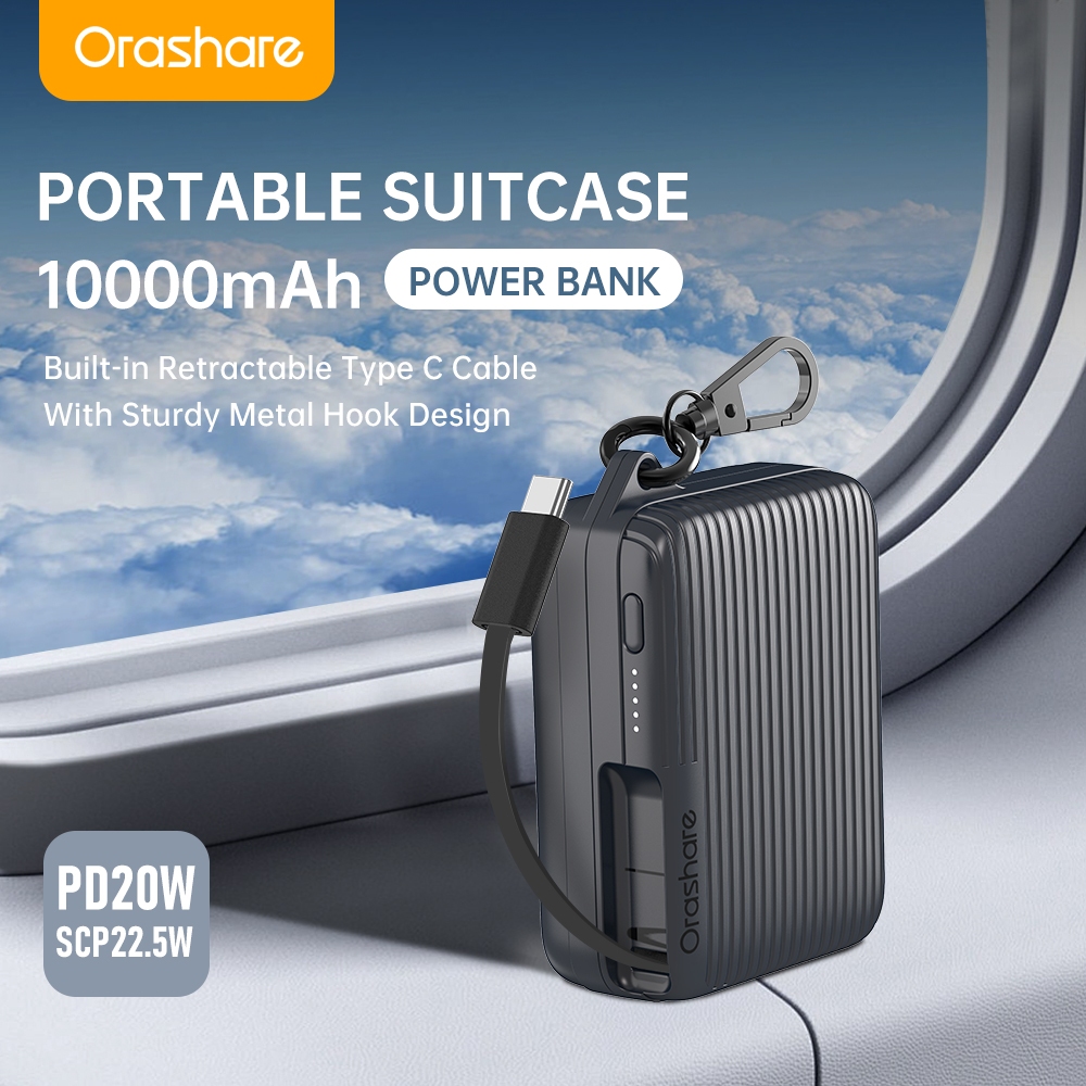 Orashare PRS10 10000mAh Powerbank Built-in Retractable USB-C Cable  For iP16 With Hook