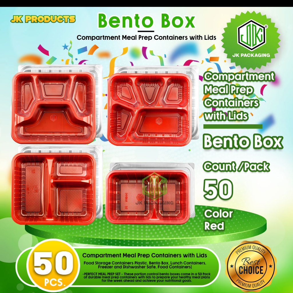JK PACKAGING [ 50 PCS.] ( Division w/ Lid ) Red Bento Box 2D-RED 3D-RED ...