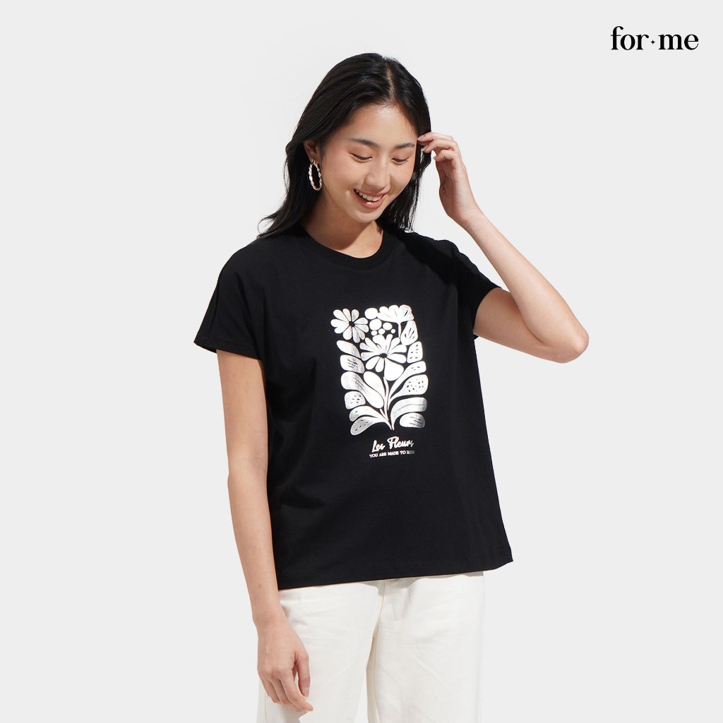 ForMe Metallic Floral Graphic Tee T-Shirt For Women (Black) | Shopee ...