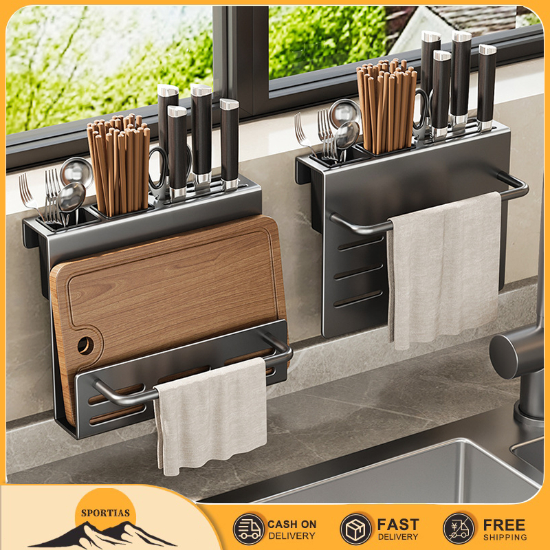 Stainless Steel Kitchen Knife Rack Wall-mounted Chopstick Storage ...
