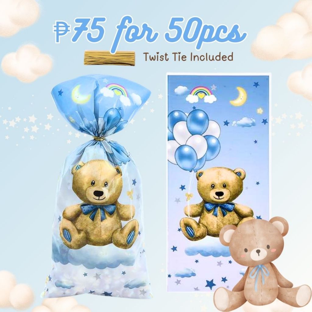 FP1989 (50PCS) Teddy Bear 12X27 CM Blue Plastic Goodie Bags Party Candy ...