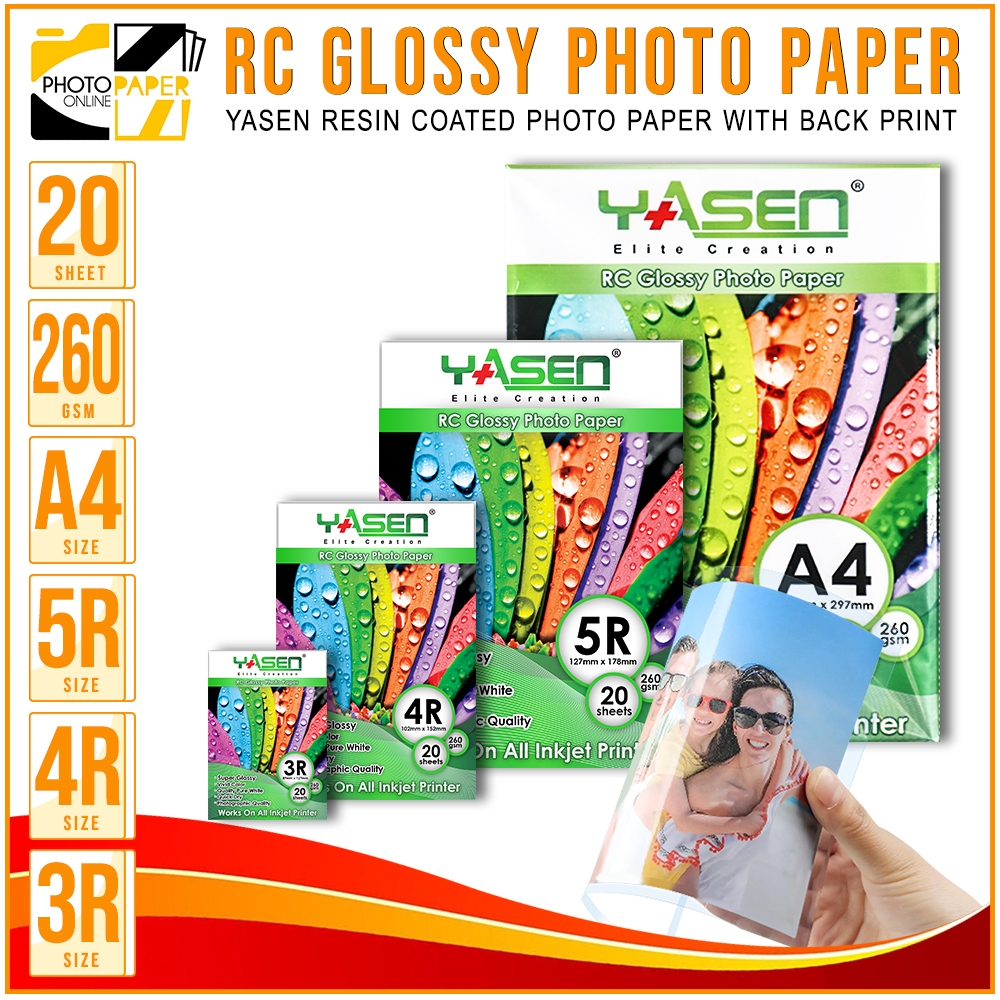 YASEN RC Glossy Photo Paper 260 GSM A4 5R 4R 3R Size Resin Coated 20 ...