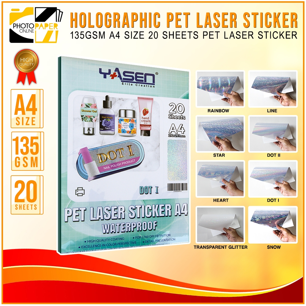 PET Laser Sticker Paper Yasen Holographic Vinyl A4 (20 Sheets ...