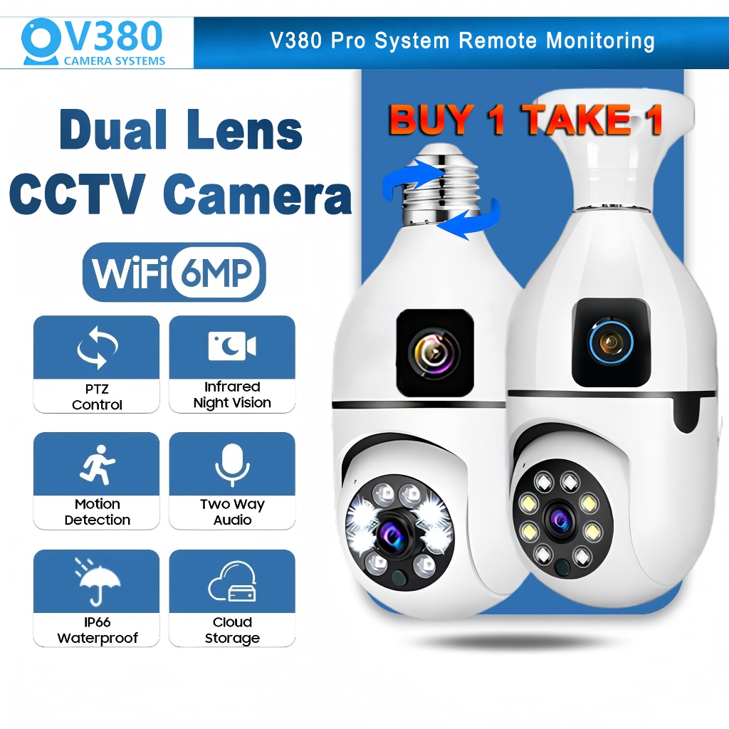 BUY 1 TAKE 1 V380 Pro CCTV Bulb Camera 1080P HD Dual Lens Dual Screen ...