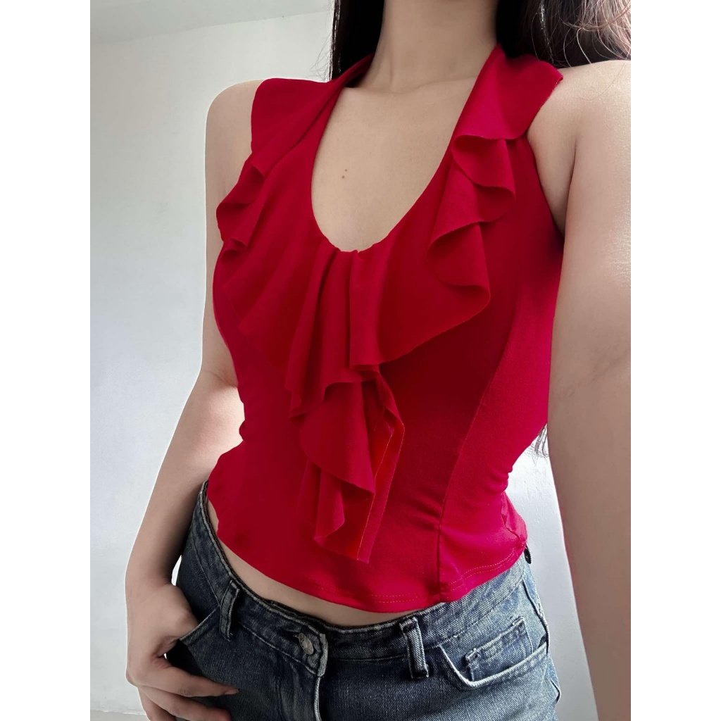 Aiah V-Neck Classy Ruffle Halter Cotton Basic Body Hugging Top For ...