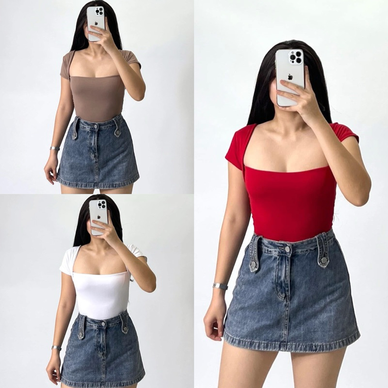 CHANTAL Squareneck Double Lining Front Only Basic Top | Shopee Philippines