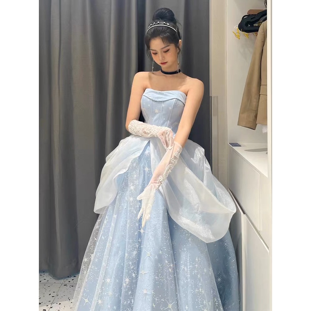 Blue Prom Dress Engagement Jacquard Dress France Vintage Sweet Korean Princess Fairy Dress Evening P