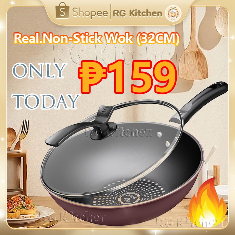 32cm Wok Non-Stick Pan Diamond Red Frying Pan Kitchen Iron Pot Gas ...