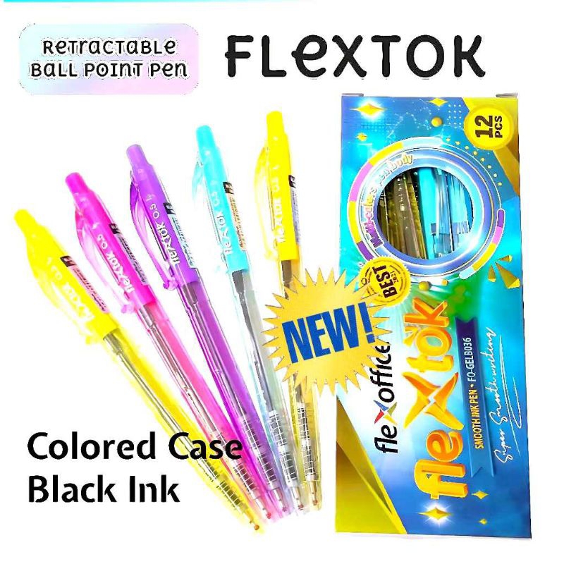 FLEXSTOK BLACK ink 12PCS Colored case retractable ballpen Low viscosity ...