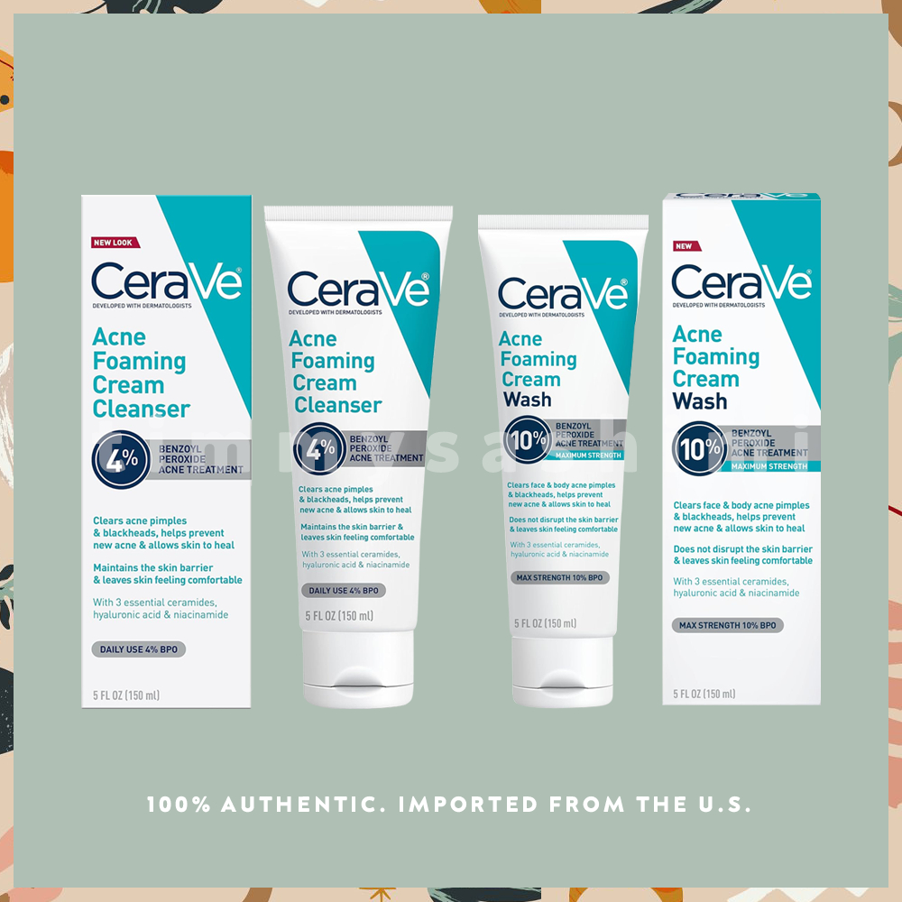 CERAVE Acne Foaming Cream Cleanser with 4% / 10% Benzoy| Peroxide 150ml ...