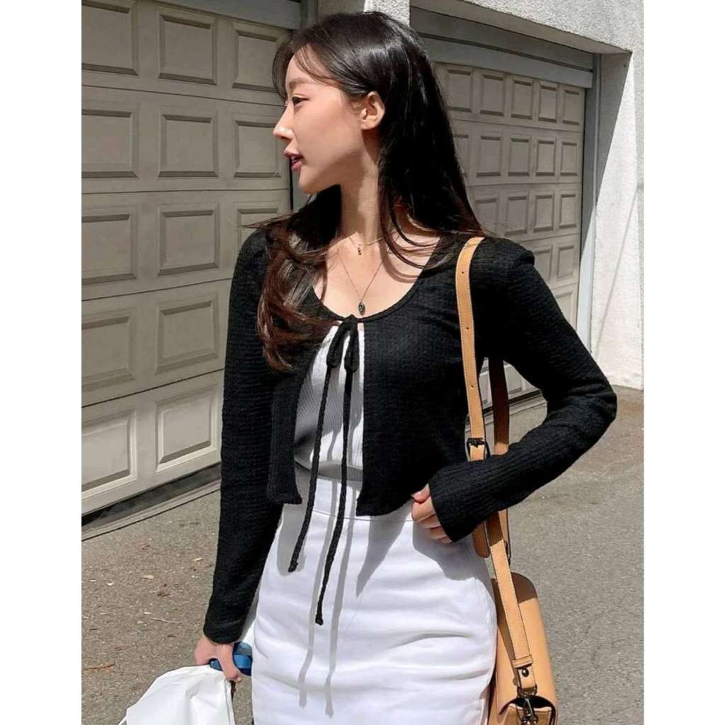 Korean Fashion Tie Front Waffle Knit top Casual Cardigan For Women Long ...