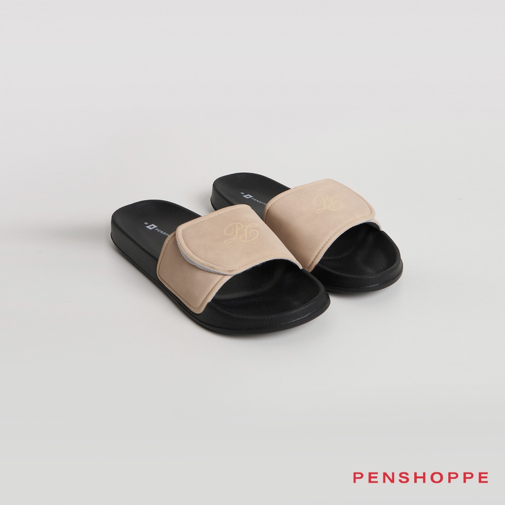 Penshoppe PU Leather Slides Slippers with Embossed Branding For Women  (Beige/Dark Gray)