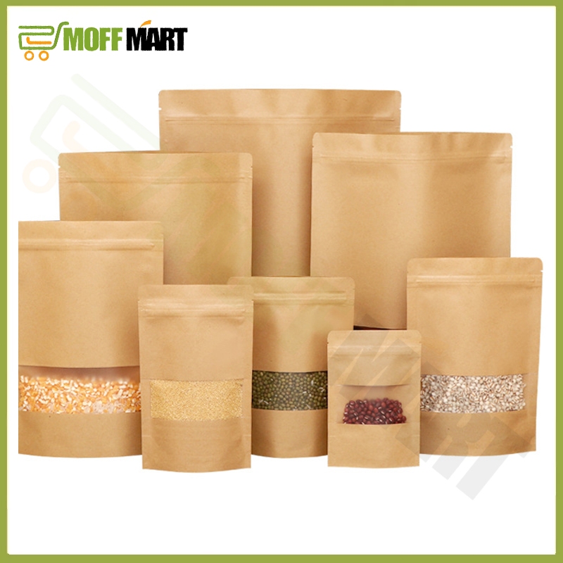 MOFF 100 Pcs Kraft Brown Stand Up Pouch with Zip Lock Paper Bag Ziplock ...
