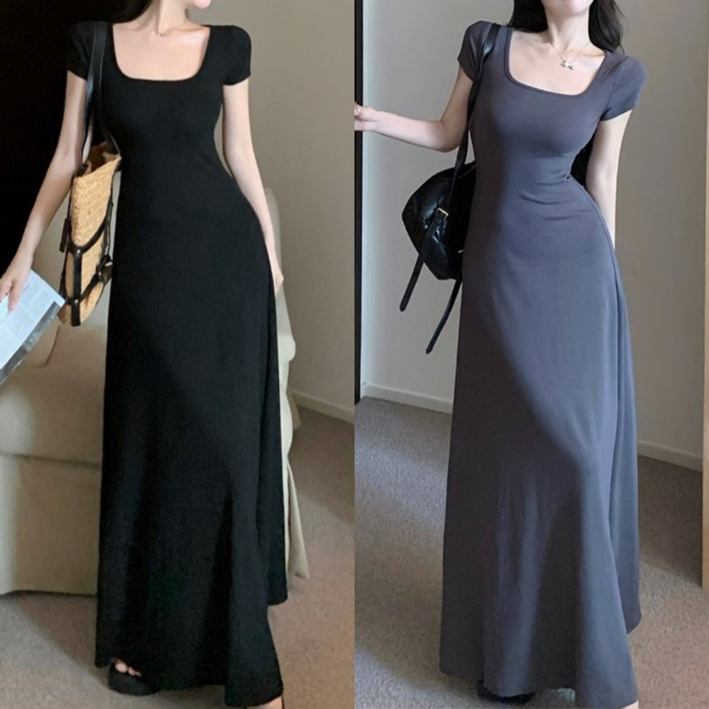 Beryl Slim Fit Short Sleeve Black Dress French Style Hepburn Style Long ...