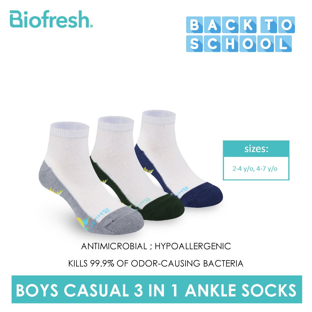 Biofresh Boys’ Antimicrobial Cotton Lite Casual Ankle Socks 3 pairs in ...