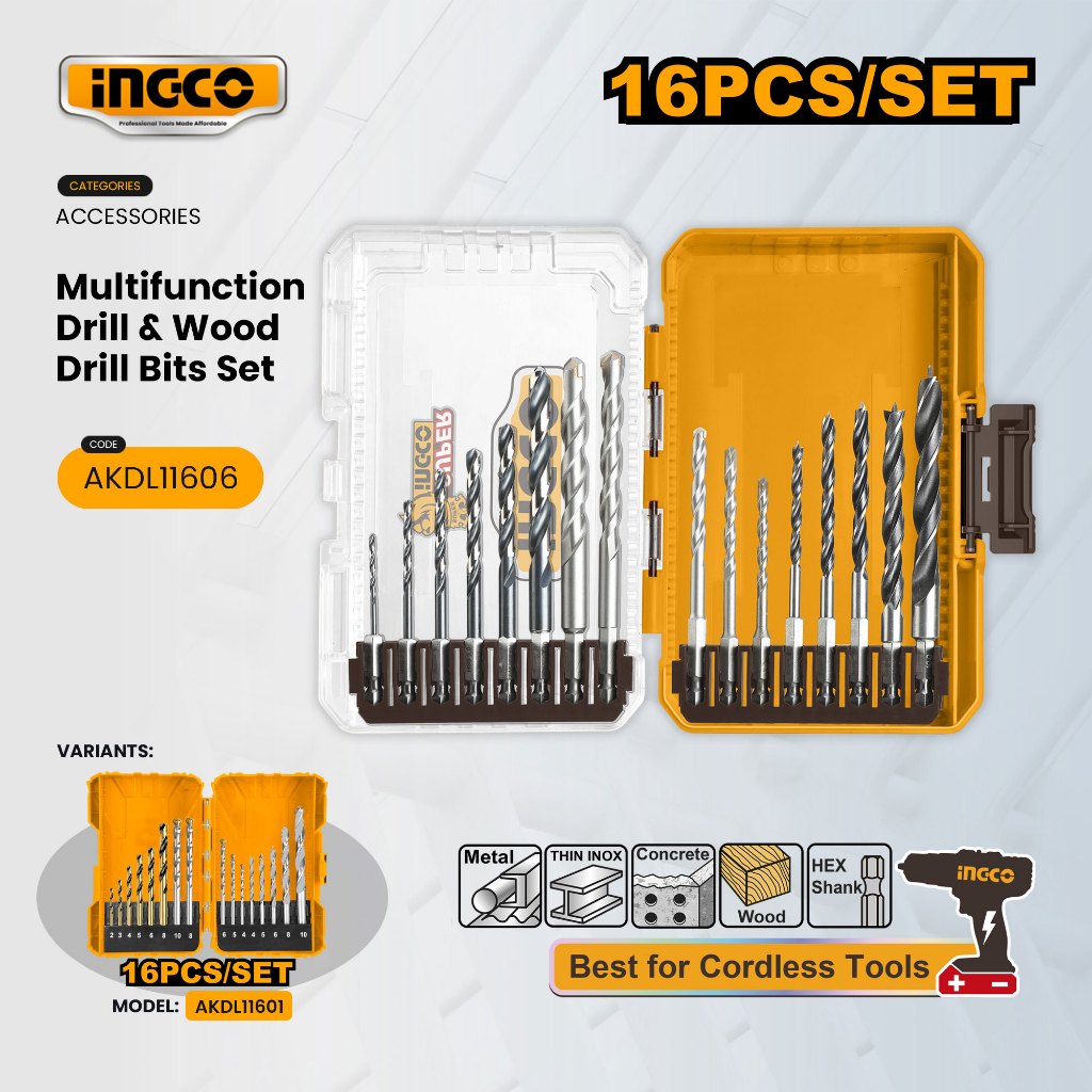Ingco 16pcs Hex/Round Shank Multi-Purpose Drill Bit Set For Metal, Wood  Concrete Accessories HT2