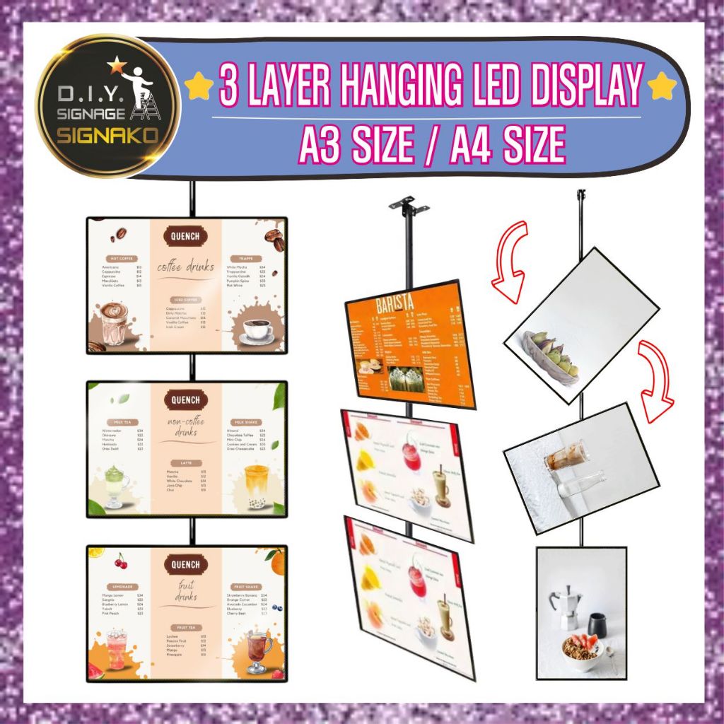 3 Layer Hanging LED Display Light Box A4 A3 / Sign Menu Mall Restaurant ...