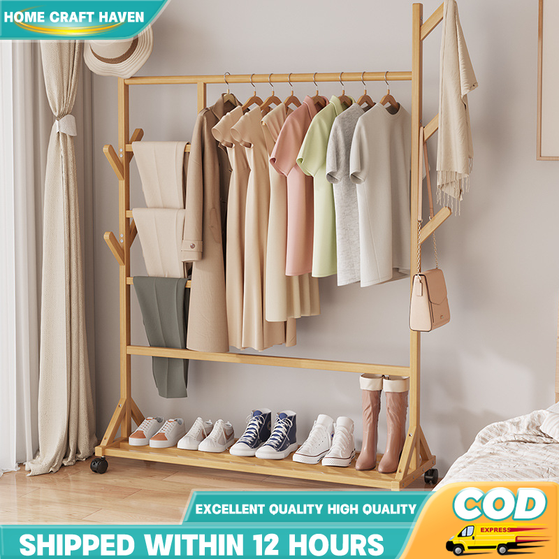 Clothes Rack Bamboo 50/60/80/100CM Movable Bmaboo Clothes Rack With ...