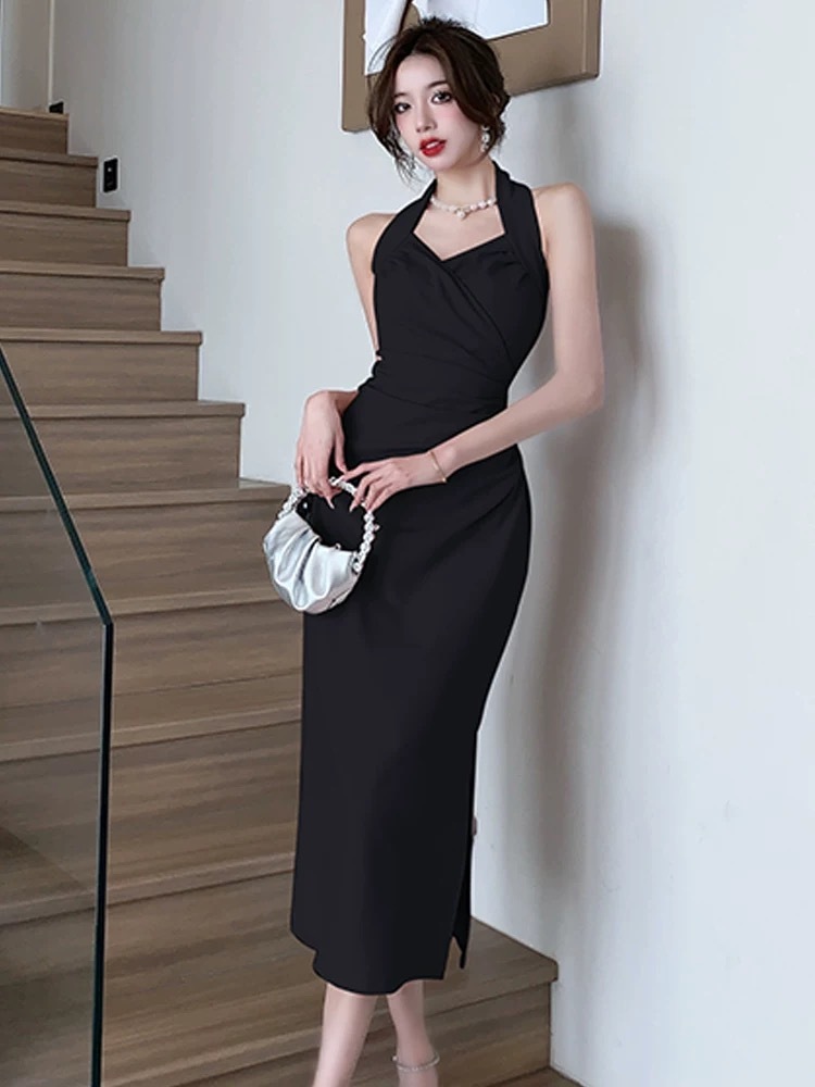 korean sexy black cocktail dress formal elegant halter backless long fitted  dress for woman casual
