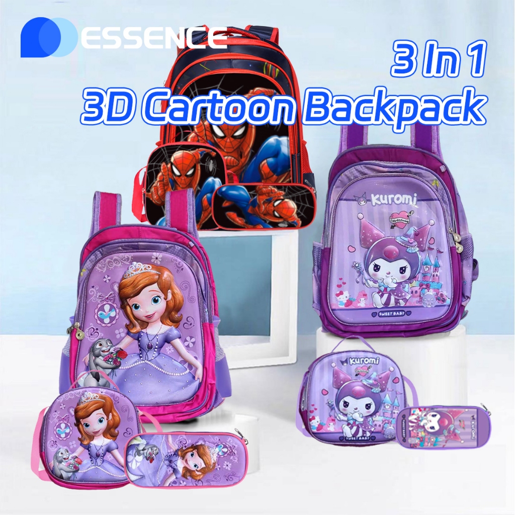 3 in 1 3D Cartoon Kids Backpack Lunch Box Pencil Case Beg School kids ...