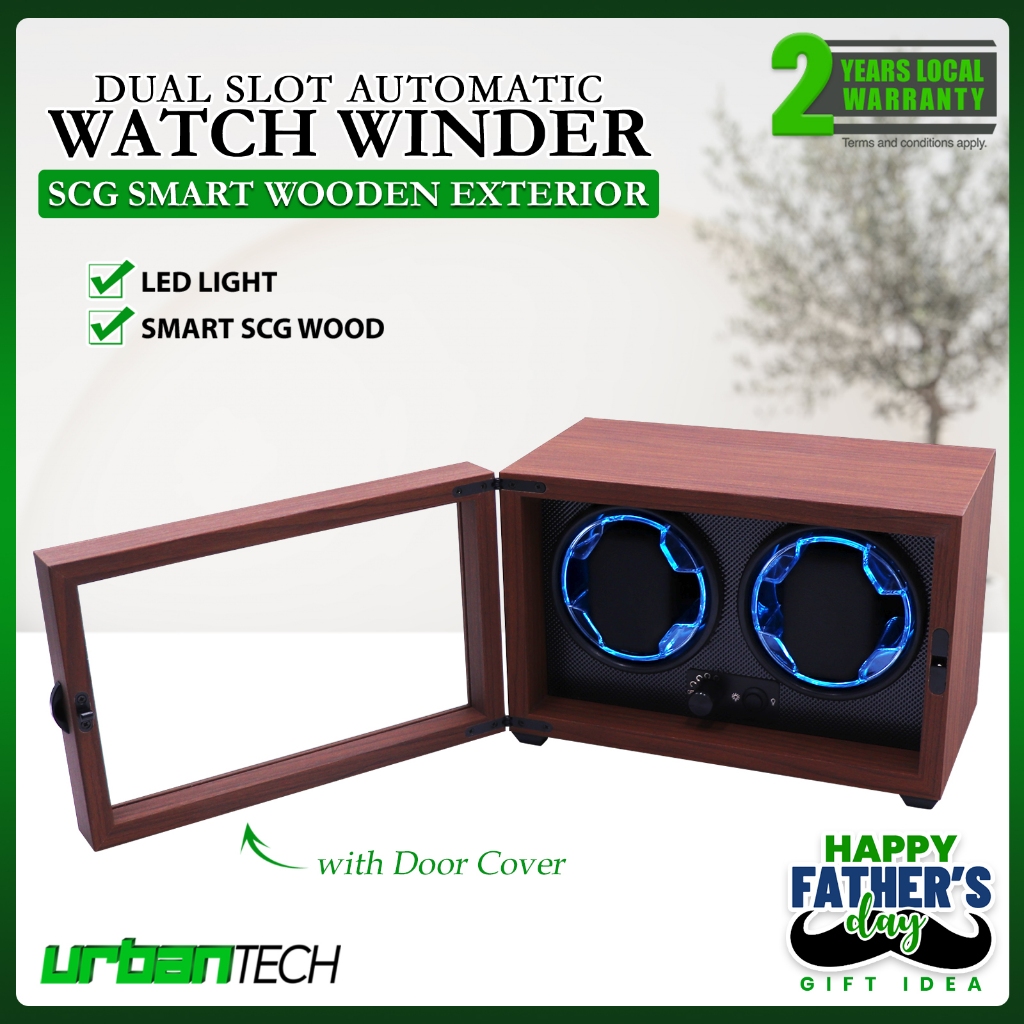 Dual Slot Automatic Watch Winder Wooden Exterior Watch Box with LED ...