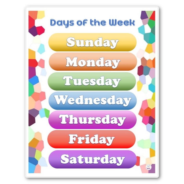 Laminated Chart Days of the week, Educational Chart for kids (size 8.5 ...
