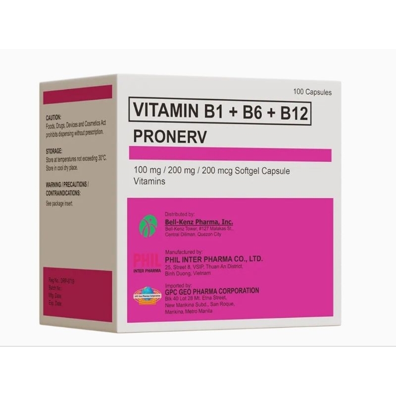 Pronerv Vitamin B1+B6+B12 100mg/200mg/200mcg sofgel capsule (supplement for nerve) 1 box