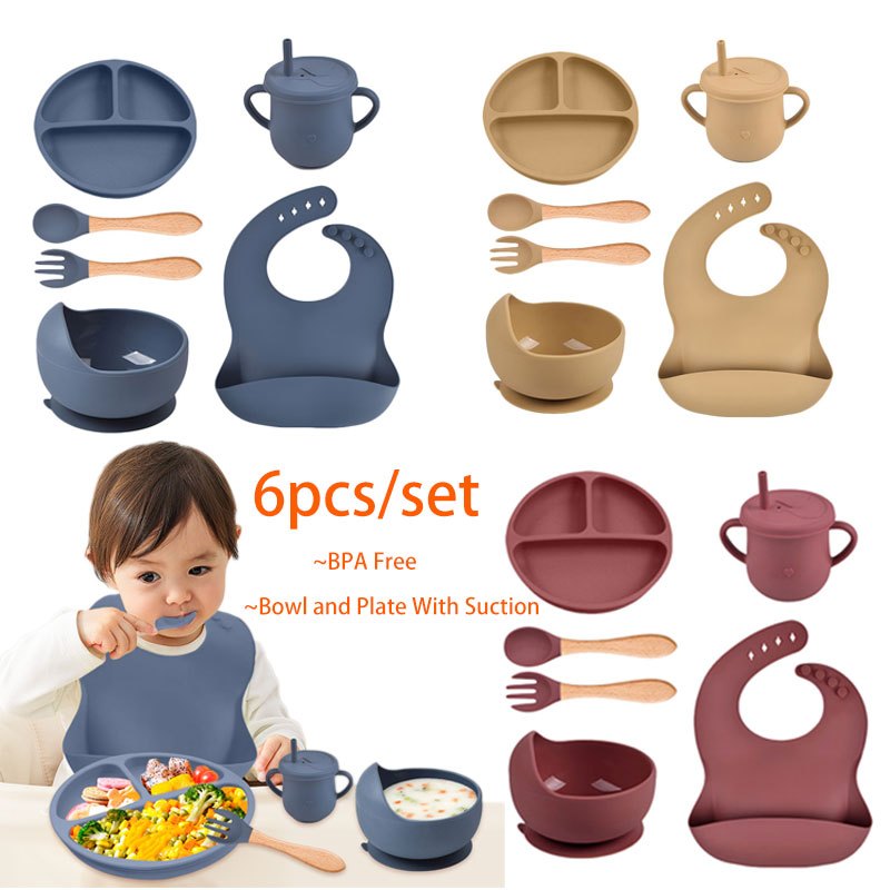 Lakoe 3/6Pcs Silicone Baby Feeding Set - Bib Bowl Spoon Fork Plate BPA ...