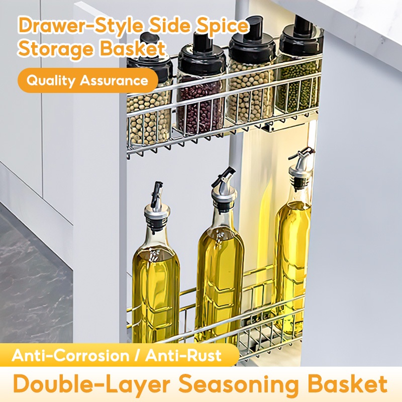 Kitchen Organizer Condiments Spice Rack Pull Out Basket 2 Layer Cabinet ...