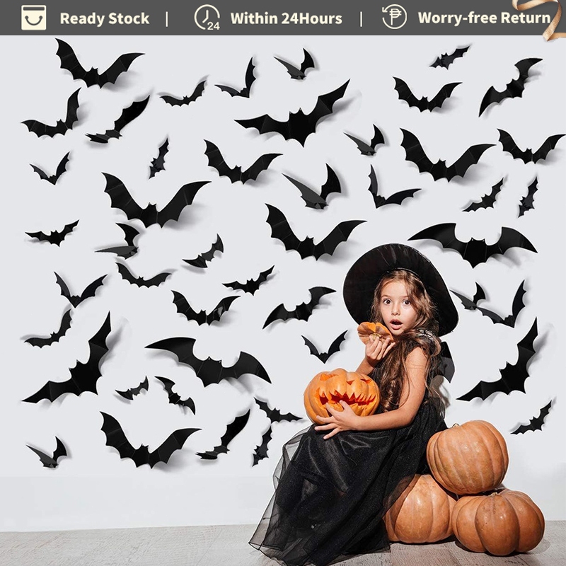 48Pcs Halloween PVC Bats 3D Wall Decor Black Plastic Decoration Paper