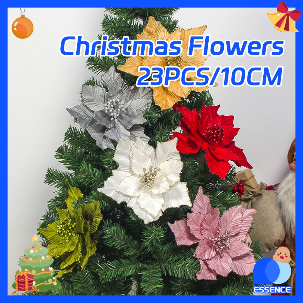 High Quality 10 Pieces Christmas Glitter Poinsettia Flowers Artificial