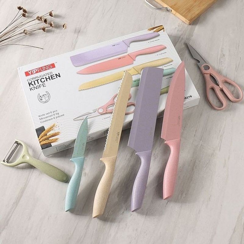 6PCS kitchen knife set 6 color stainless steel meat cleaver scissors ...