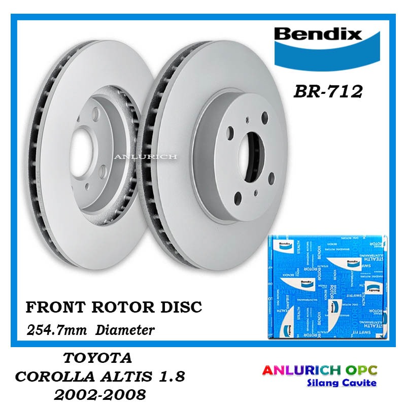 BENDIX FRONT ROTOR DISC TOYOTA COROLLA ALTIS 2002-2008 1.8 ( 254.7mm ...