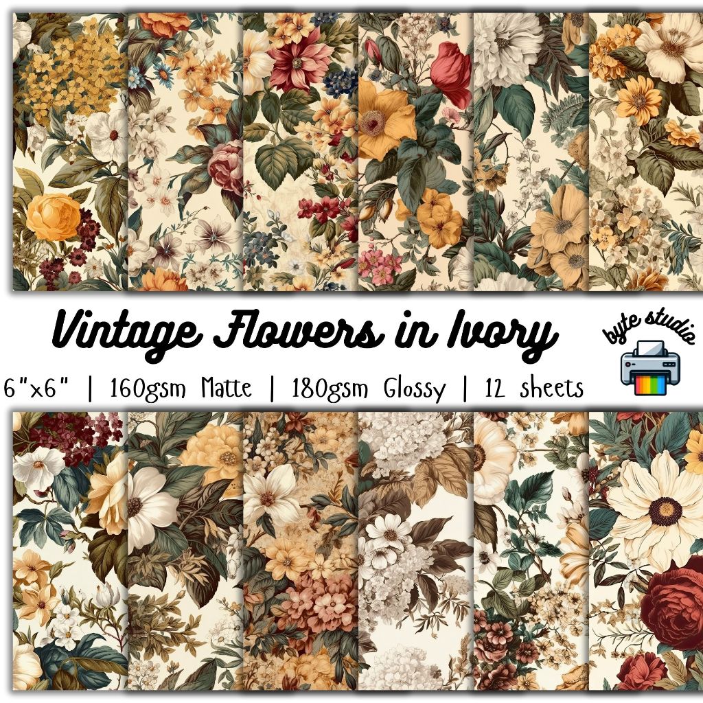 12 Sheets Vintage Flowers in Ivory by byte studio | Cardstock Craft ...