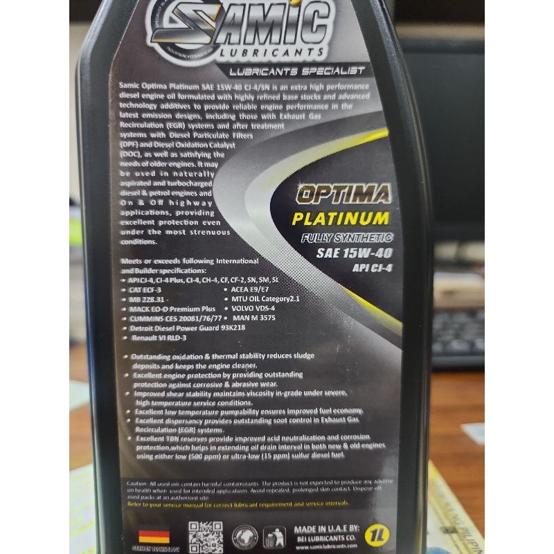 Samic Optima Platinum Fully Synthetic 15W-40 1 Liter | Shopee Philippines